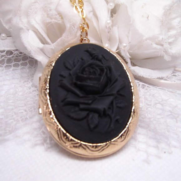 Black Gothic Mourning Rose Cameo Locket Necklace - Picture 4 of 8